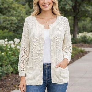 Sweater LC Lauren Conrad Cream crochet lace sleeves snap close front cardigan XL